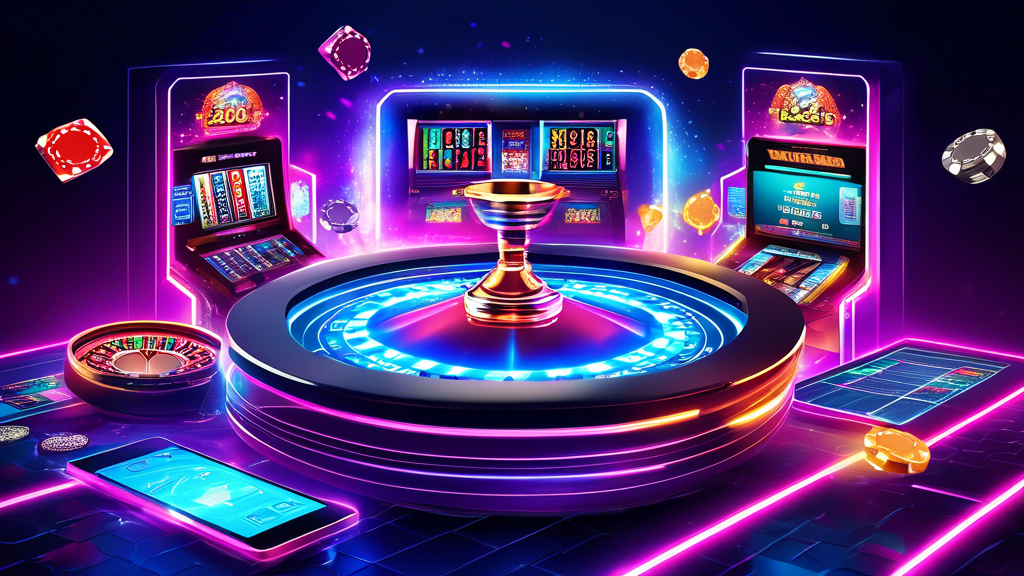 Illustration de jeux de casino en ligne avec roulette et machines à sous.